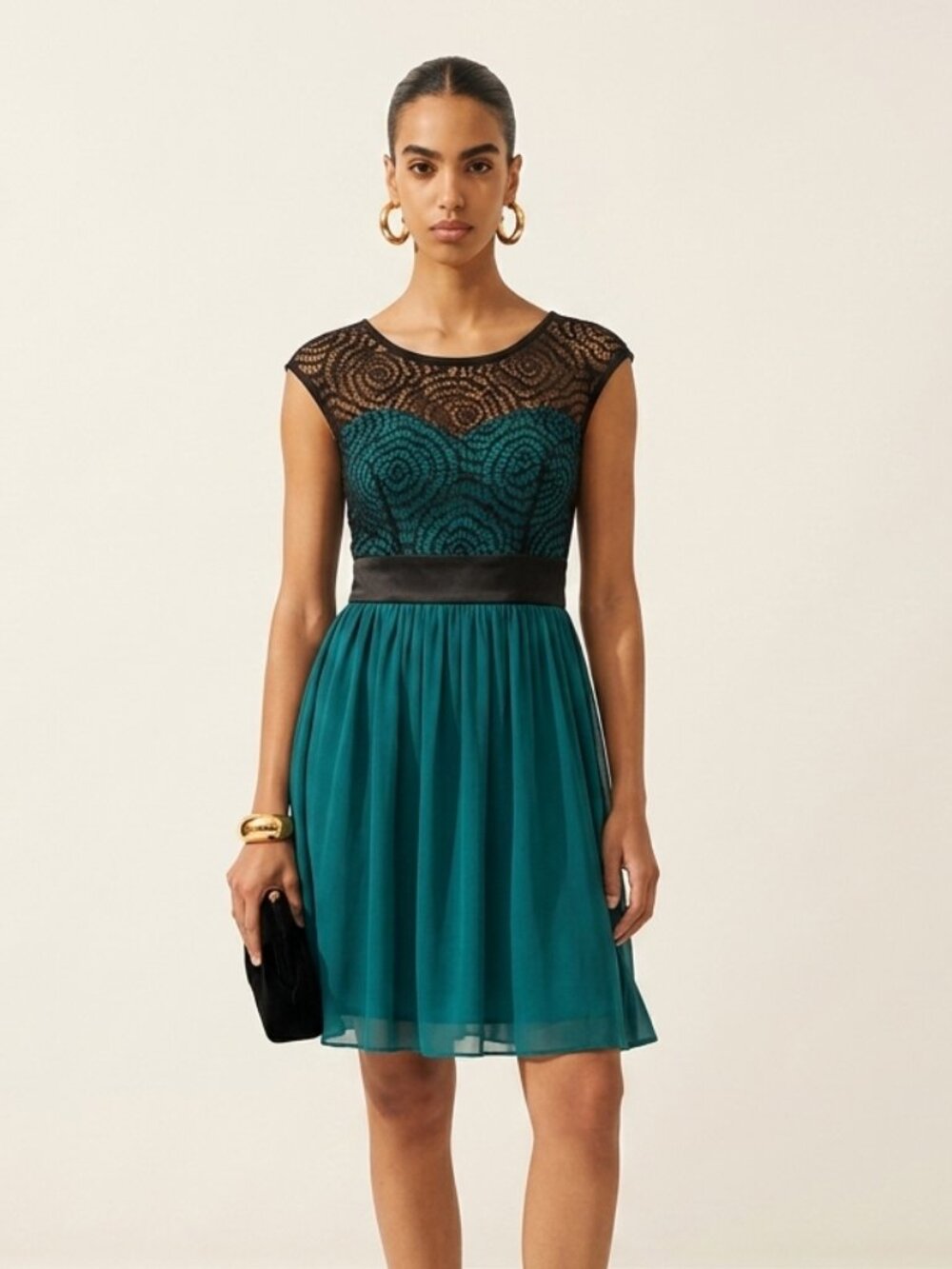 ModCloth Starlet's Web Turquoise Tulle Black Lace Fit-and-Flare Dress